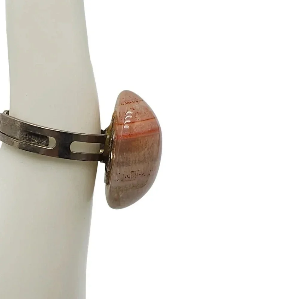 Red Banded Calcite Pork Stone Sphere Ring Size 6 Silver Tone Vintage
